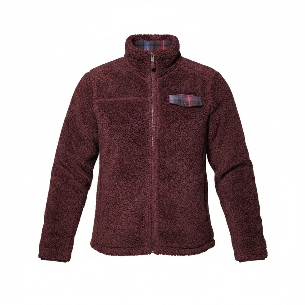 Pendleton Womens Burgundy Full Zip Sherpa Fleece Jacket Plaid Trim P1558 Small